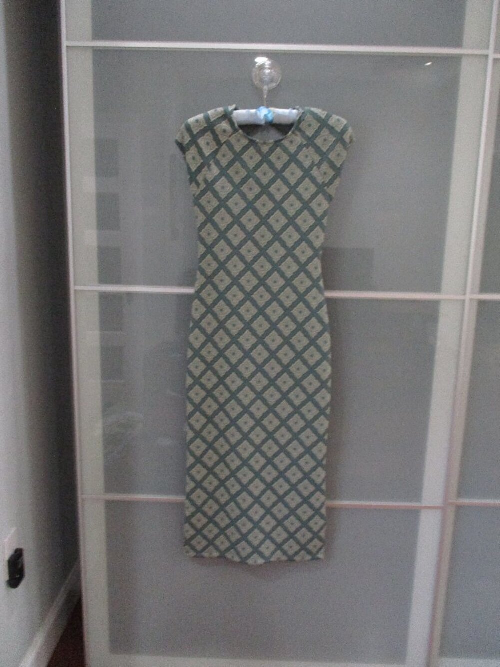 Zara Sheath Midi Length Open Back Cap Sleeve Diamond Pattern Dress
